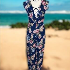 Agaci Navy Floral One Piece  Jumpsuit. Lightweight and fun SZ M made IN USA
